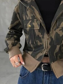FRIFUL Women's Streetwear Zipper Camouflage Print Long Sleeve Sweatshirt Fall - Army Green - View 9