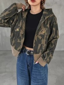 FRIFUL Women's Streetwear Zipper Camouflage Print Long Sleeve Sweatshirt Fall - Army Green - View 2