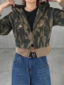 FRIFUL Women's Streetwear Zipper Camouflage Print Long Sleeve Sweatshirt Fall - Army Green - View 10