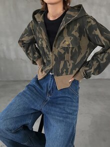 FRIFUL Women's Streetwear Zipper Camouflage Print Long Sleeve Sweatshirt Fall - Army Green - View 8