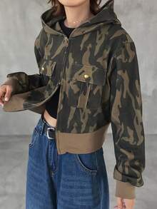 FRIFUL Women's Streetwear Zipper Camouflage Print Long Sleeve Sweatshirt Fall - Army Green - View 4