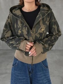 FRIFUL Women's Streetwear Zipper Camouflage Print Long Sleeve Sweatshirt Fall - Army Green - View 6