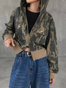 FRIFUL Women's Streetwear Zipper Camouflage Print Long Sleeve Sweatshirt Fall - Army Green - View 7