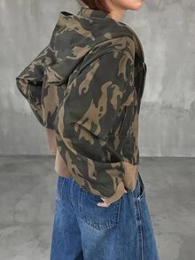 FRIFUL Women's Streetwear Zipper Camouflage Print Long Sleeve Sweatshirt Fall - Army Green - View 3