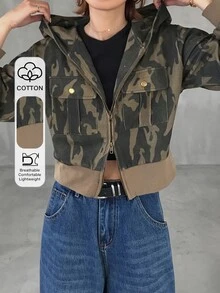FRIFUL Women's Streetwear Zipper Camouflage Print Long Sleeve Sweatshirt Fall - Army Green - View 1