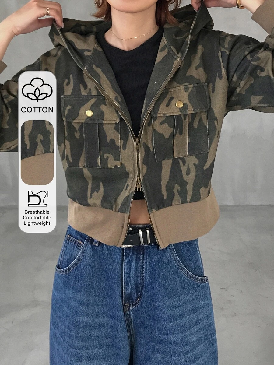 FRIFUL Women's Streetwear Zipper Camouflage Print Long Sleeve Sweatshirt Fall - Army Green - View 1