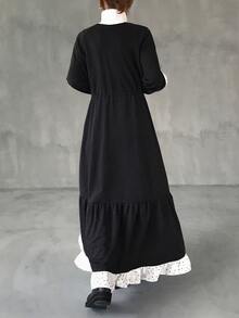 FRIFUL Gaun Panjang Berenda Motif Polkadot Kontras untuk Musim Gugur - Navy Blue - View 5