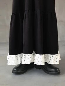 FRIFUL Gaun Panjang Berenda Motif Polkadot Kontras untuk Musim Gugur - Navy Blue - View 8