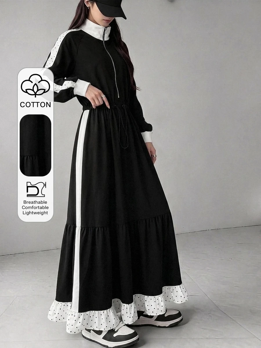 FRIFUL Gaun Panjang Berenda Motif Polkadot Kontras untuk Musim Gugur - Navy Blue - View 1