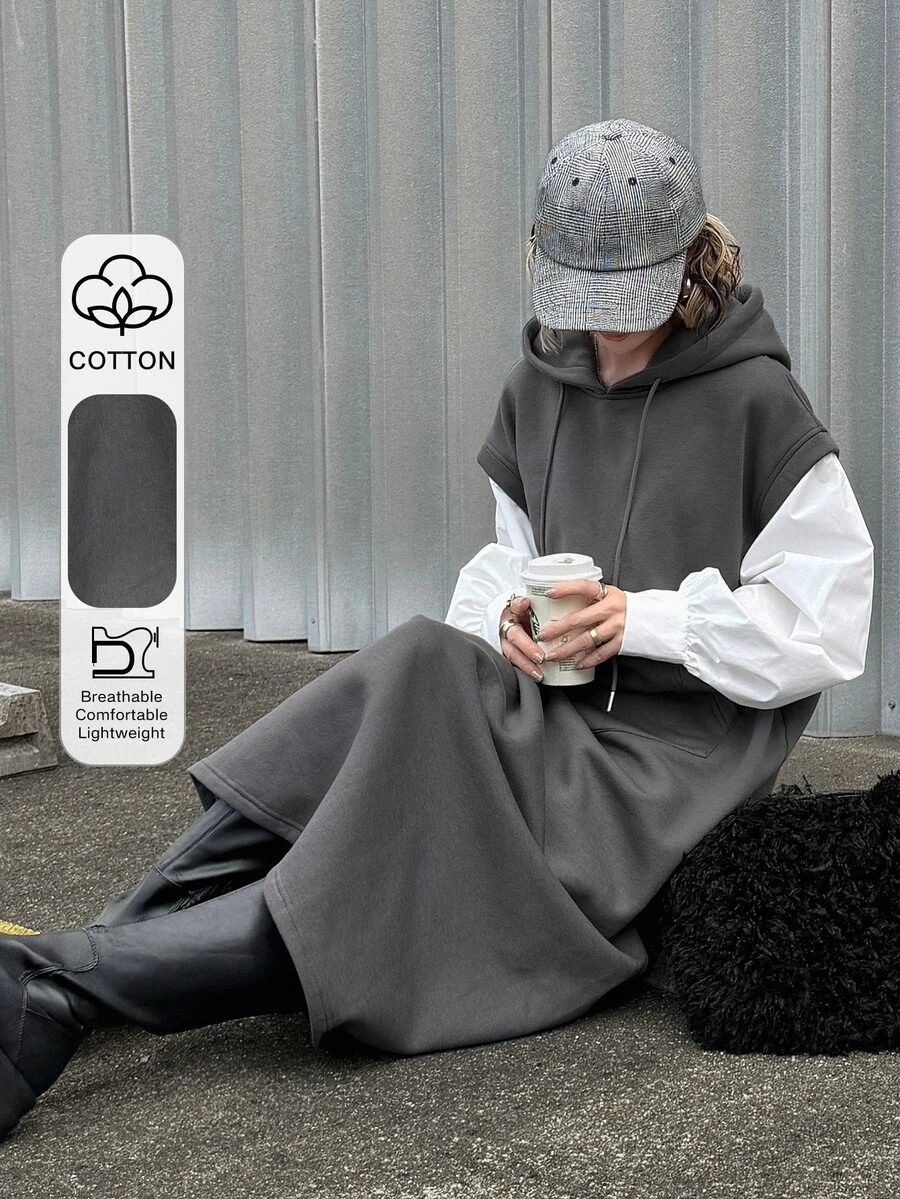 FRIFUL Gaun 2 in 1 Berkerudung dengan Tali Serut Polos - Grey - View 1