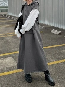 FRIFUL Gaun 2 in 1 Berkerudung dengan Tali Serut Polos - Grey - View 5