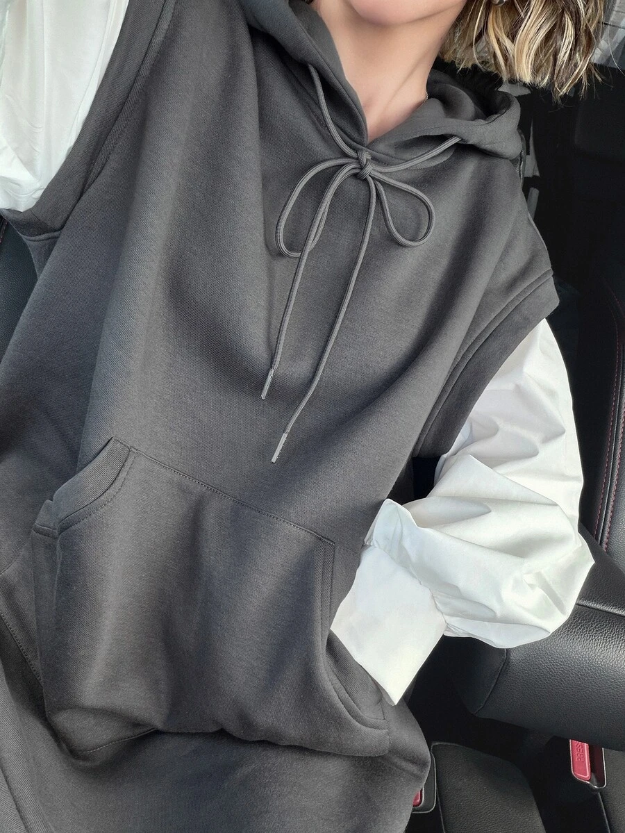 FRIFUL Solid Drawstring Hooded 2 In 1 Dress Work Holiday Grey Summer Athleisure Casual - Grey - View 1
