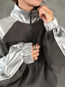 FRIFUL Jaket Kasual Wanita Lengan Raglan dengan Resleting dan Motif Blok Warna untuk Musim Gugur - Dark Grey - View 5