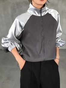 FRIFUL Jaket Kasual Wanita Lengan Raglan dengan Resleting dan Motif Blok Warna untuk Musim Gugur - Dark Grey - View 6