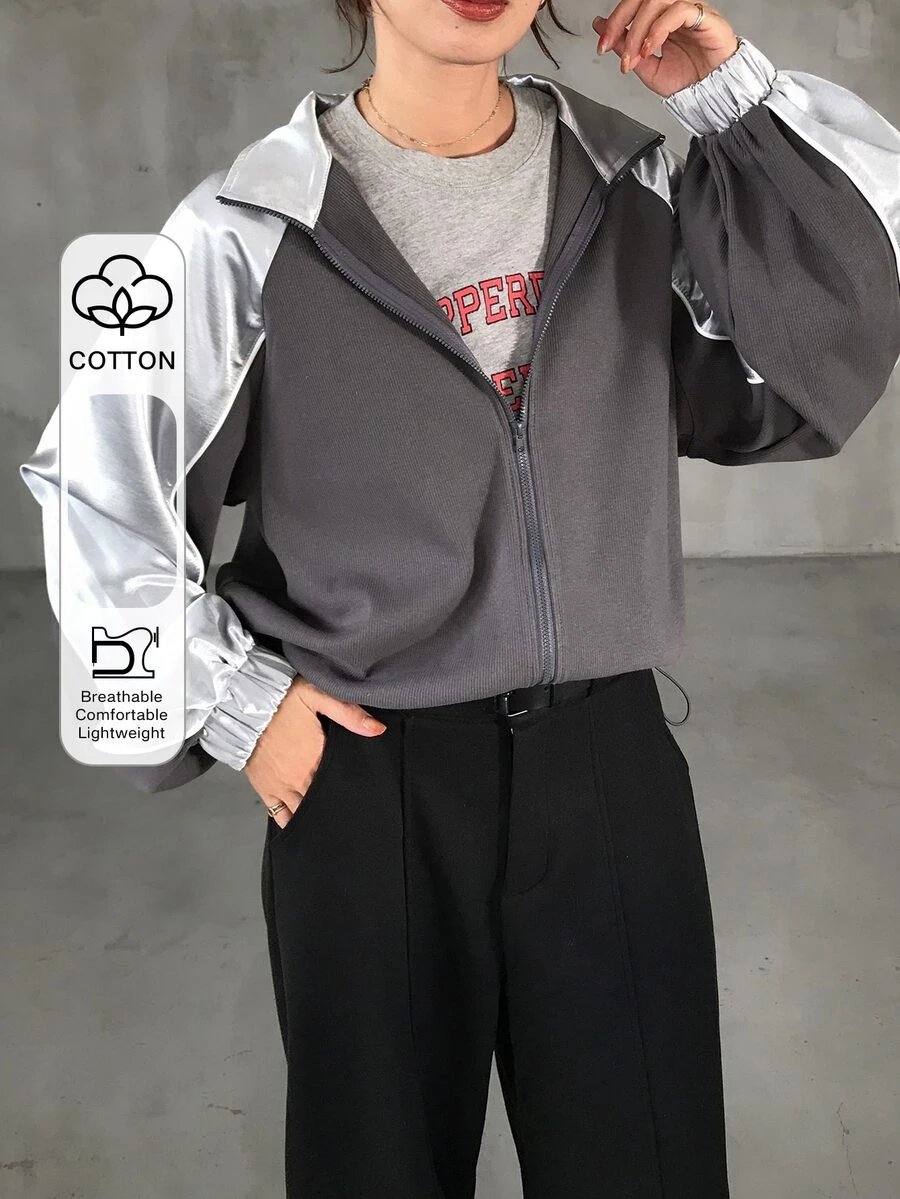 FRIFUL Jaket Kasual Wanita Lengan Raglan dengan Resleting dan Motif Blok Warna untuk Musim Gugur - Dark Grey - View 1