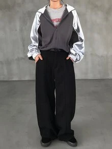 FRIFUL Jaket Kasual Wanita Lengan Raglan dengan Resleting dan Motif Blok Warna untuk Musim Gugur - Dark Grey - View 2