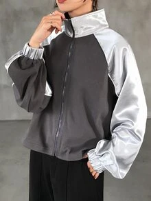 FRIFUL Jaket Kasual Wanita Lengan Raglan dengan Resleting dan Motif Blok Warna untuk Musim Gugur - Dark Grey - View 4