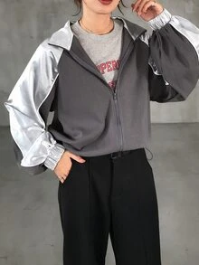 FRIFUL Jaket Kasual Wanita Lengan Raglan dengan Resleting dan Motif Blok Warna untuk Musim Gugur - Dark Grey - View 8