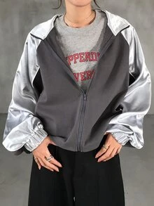 FRIFUL Jaket Kasual Wanita Lengan Raglan dengan Resleting dan Motif Blok Warna untuk Musim Gugur - Dark Grey - View 3