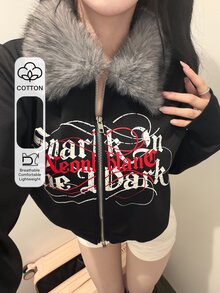 FRIFUL 女款字母印花長袖拉鍊毛領夾克，秋季日常校園穿搭，黑紅配色，90年代街頭風 - 黑色 - 查看 1