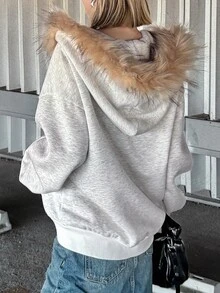 FRIFUL Women's Letter Embroidered Hooded Sweatshirt School Off Campus Light Grey Autumn Winter Casual Loose Everyday School - Grey - View 10