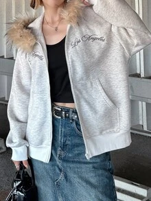 FRIFUL Women's Letter Embroidered Hooded Sweatshirt School Off Campus Light Grey Autumn Winter Casual Loose Everyday School - Grey - View 5