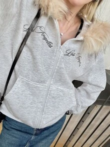 FRIFUL Women's Letter Embroidered Hooded Sweatshirt School Off Campus Light Grey Autumn Winter Casual Loose Everyday School - Grey - View 3
