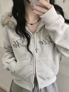FRIFUL Women's Letter Embroidered Hooded Sweatshirt School Off Campus Light Grey Autumn Winter Casual Loose Everyday School - Grey - View 9