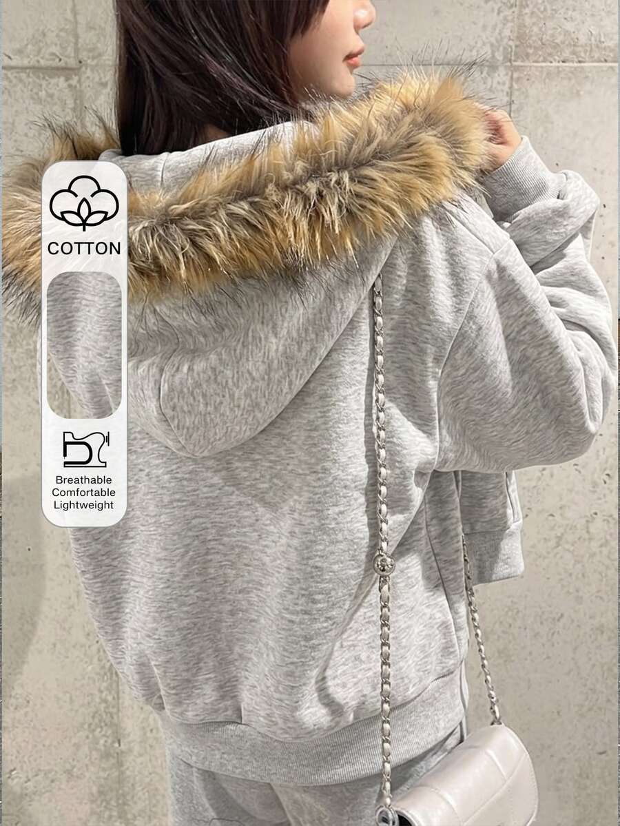FRIFUL Women's Letter Embroidered Hooded Sweatshirt School Off Campus Light Grey Autumn Winter Casual Loose Everyday School - Grey - View 1