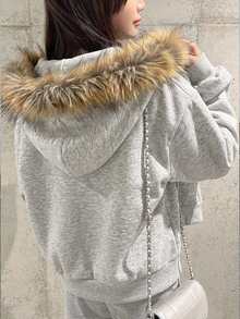 FRIFUL Women's Letter Embroidered Hooded Sweatshirt School Off Campus Light Grey Autumn Winter Casual Loose Everyday School - Grey - View 11