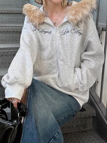 FRIFUL Women's Letter Embroidered Hooded Sweatshirt School Off Campus Light Grey Autumn Winter Casual Loose Everyday School - Grey - View 7