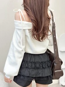 FRIFUL Women's Solid Color Cold Shoulder Spaghetti Strap Sweatshirt Fall - White - View 5