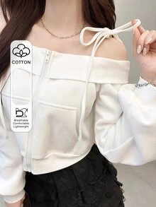 FRIFUL Women's Solid Color Cold Shoulder Spaghetti Strap Sweatshirt Fall - White - View 1