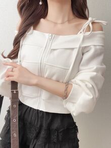 FRIFUL Women's Solid Color Cold Shoulder Spaghetti Strap Sweatshirt Fall - White - View 7