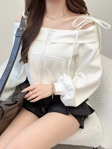 FRIFUL Women's Solid Color Cold Shoulder Spaghetti Strap Sweatshirt Fall - White - View 3