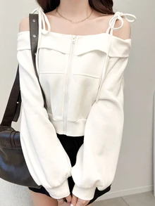 FRIFUL Women's Solid Color Cold Shoulder Spaghetti Strap Sweatshirt Fall - White - View 4