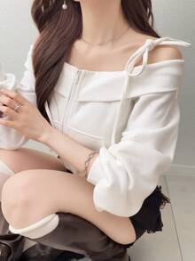 FRIFUL Women's Solid Color Cold Shoulder Spaghetti Strap Sweatshirt Fall - White - View 2