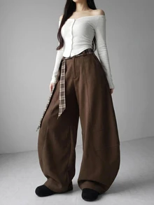 FRIFUL Women's Curved Pocket Wide Leg Loose Casual Long Pants Fall - Brown - View 7