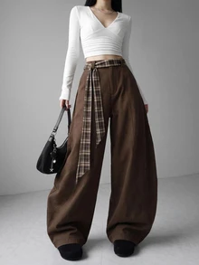 FRIFUL Women's Curved Pocket Wide Leg Loose Casual Long Pants Fall - Brown - View 3