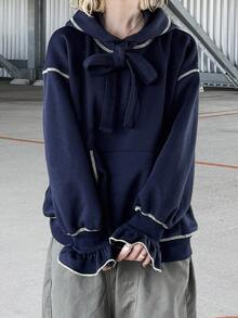 FRIFUL Women's Drop Shoulder Long Sleeve Casual Loose Hooded Sweatshirt - Navy Blue - View 6