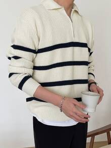 DAZY Men Striped Pattern Polo Neck Fall Sweater Without Tee Quarter Zip Men - Beige - View 8