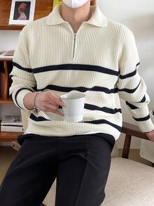 DAZY Men Striped Pattern Polo Neck Fall Sweater Without Tee Quarter Zip Men - Beige - View 6