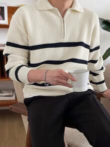 DAZY Men Striped Pattern Polo Neck Fall Sweater Without Tee Quarter Zip Men - Beige - View 5