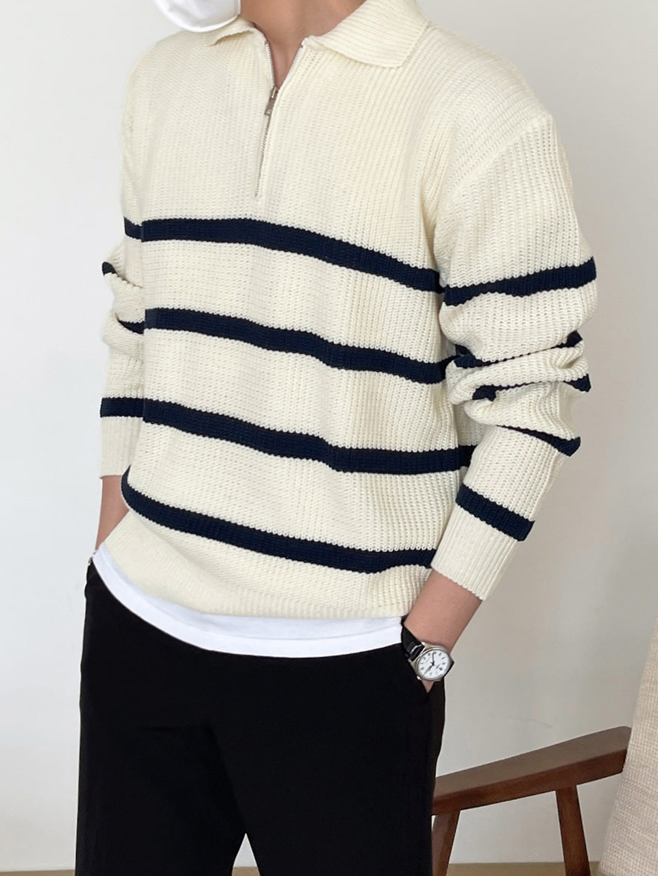 Men Striped Pattern Polo Neck Fall Sweater Without Tee Quarter Zip Men