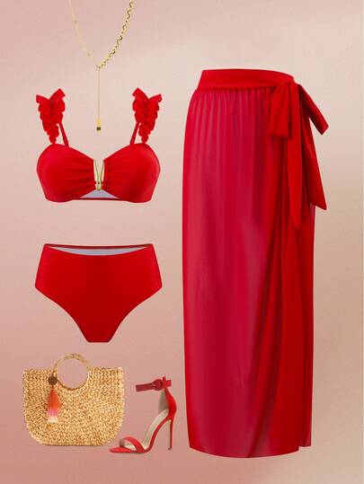 Swim Oasis 3 piezas/Set Traje de baño tankini de color rojo sólido de talla grande para mujer, moda de Año Nuevo, vacaciones de verano + falda envolvente, conjunto de playa de 3 piezas