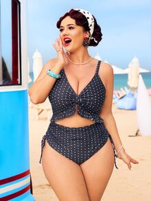 SHEIN Swim 大码女士连体泳衣，特殊面料，深V领，可调节肩带，可拆卸胸垫，荷叶边下摆，抽绳腰带，时尚性感，休闲度假沙滩泳装 - 黑與白 - 查看 1
