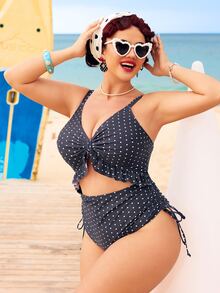 SHEIN Swim 大码女士连体泳衣，特殊面料，深V领，可调节肩带，可拆卸胸垫，荷叶边下摆，抽绳腰带，时尚性感，休闲度假沙滩泳装 - 黑與白 - 查看 4