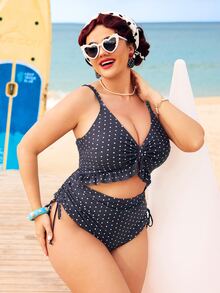 SHEIN Swim 大码女士连体泳衣，特殊面料，深V领，可调节肩带，可拆卸胸垫，荷叶边下摆，抽绳腰带，时尚性感，休闲度假沙滩泳装 - 黑與白 - 查看 5