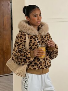 SHEIN Sparklyn 女童秋冬加厚短版夾克 Y2K 風格，豹紋印花、人造毛飾邊、收腰設計 - 彩色 - 查看 4