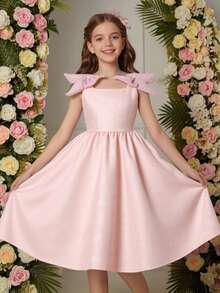 SHEIN Textured Fabric Flower Girl Dress With Bow Shoulder Decor, A-Line Silhouette, Short Length, Suitable For Weddings, Parties, Birthdays, Banquets - Pink - View 8
